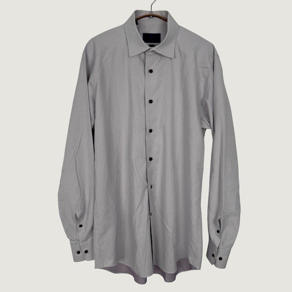 David Donahue Mens Trim Fit Dress Shirt 16.5 34/35 Grey Blue Micro Diamond